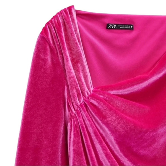 ZARA Pink Velvet Bodysuit Asymmetric Neck Long Sleeve Magenta Pink Size S - Picture 6 of 15